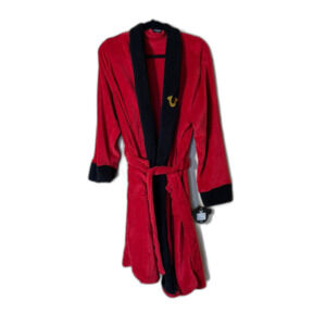 NWT True Religion Plush Fleece Robe Red Black Sherpa Lined Logo Belted Mens Sz M